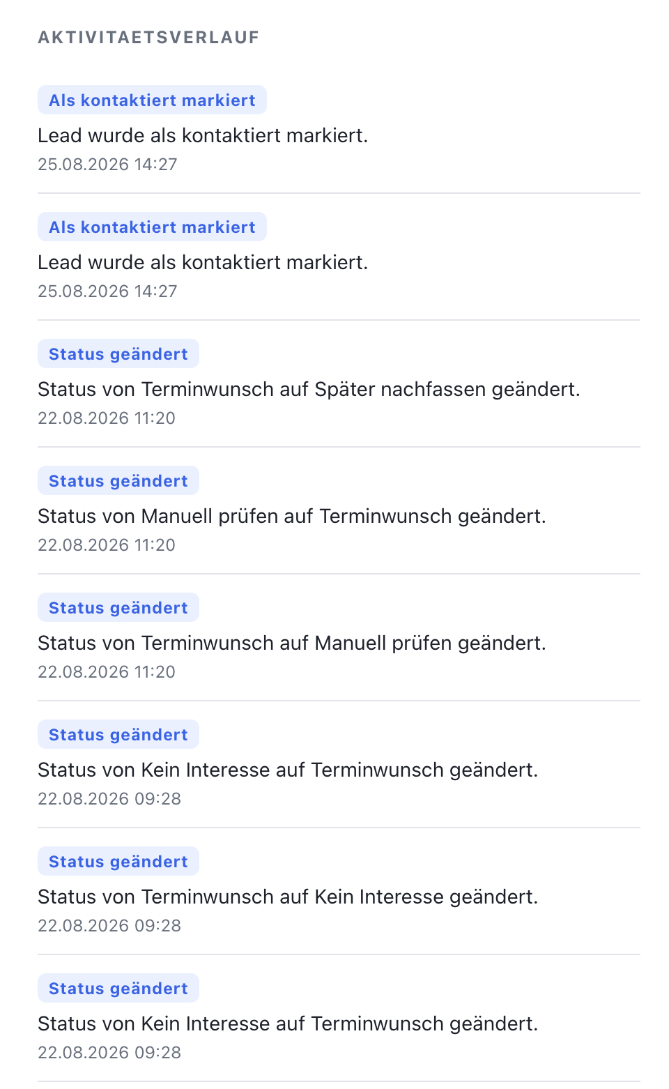 SeventyDrive Aktivitätsverlauf eines Leads: chronologische Liste aus Kontaktmarkierungen und Statusänderungen mit Zeitstempel