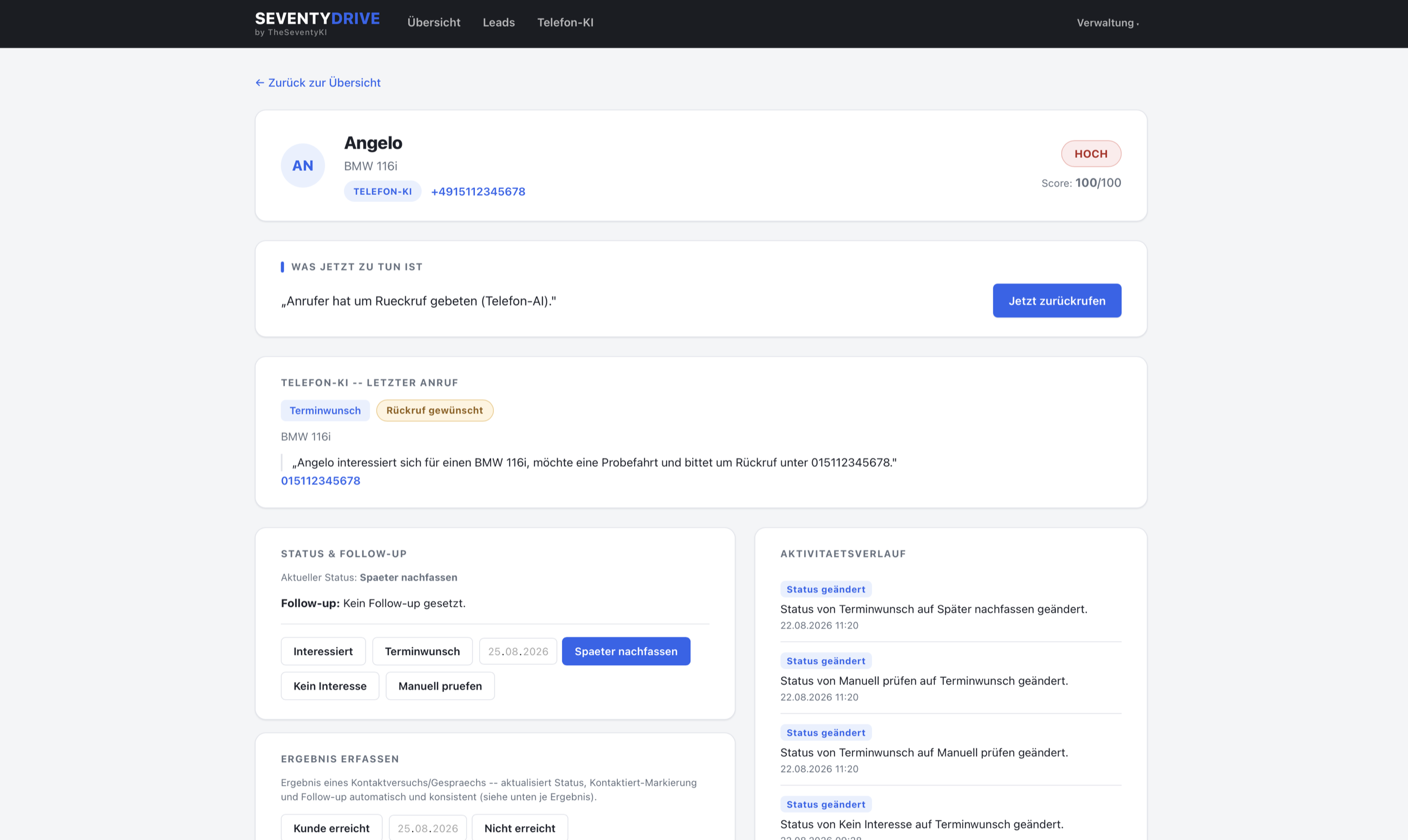 SeventyDrive Lead-Detailansicht mit Priorität, Status, Follow-up und Aktivitätsverlauf eines Kontakts