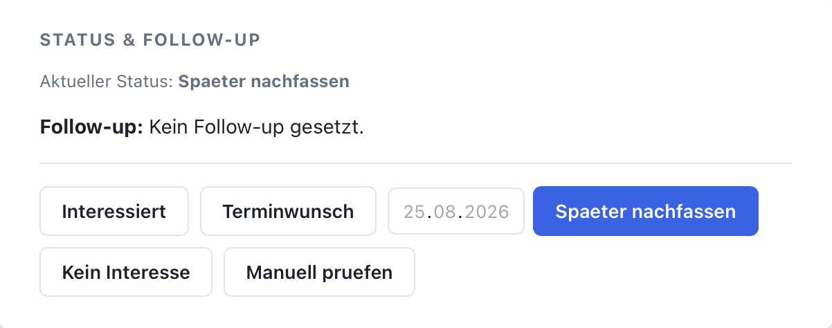 SeventyDrive Status-&-Follow-up-Karte eines Leads mit aktuellem Status, Follow-up-Datum und Aktionen wie Interessiert, Terminwunsch oder Später nachfassen