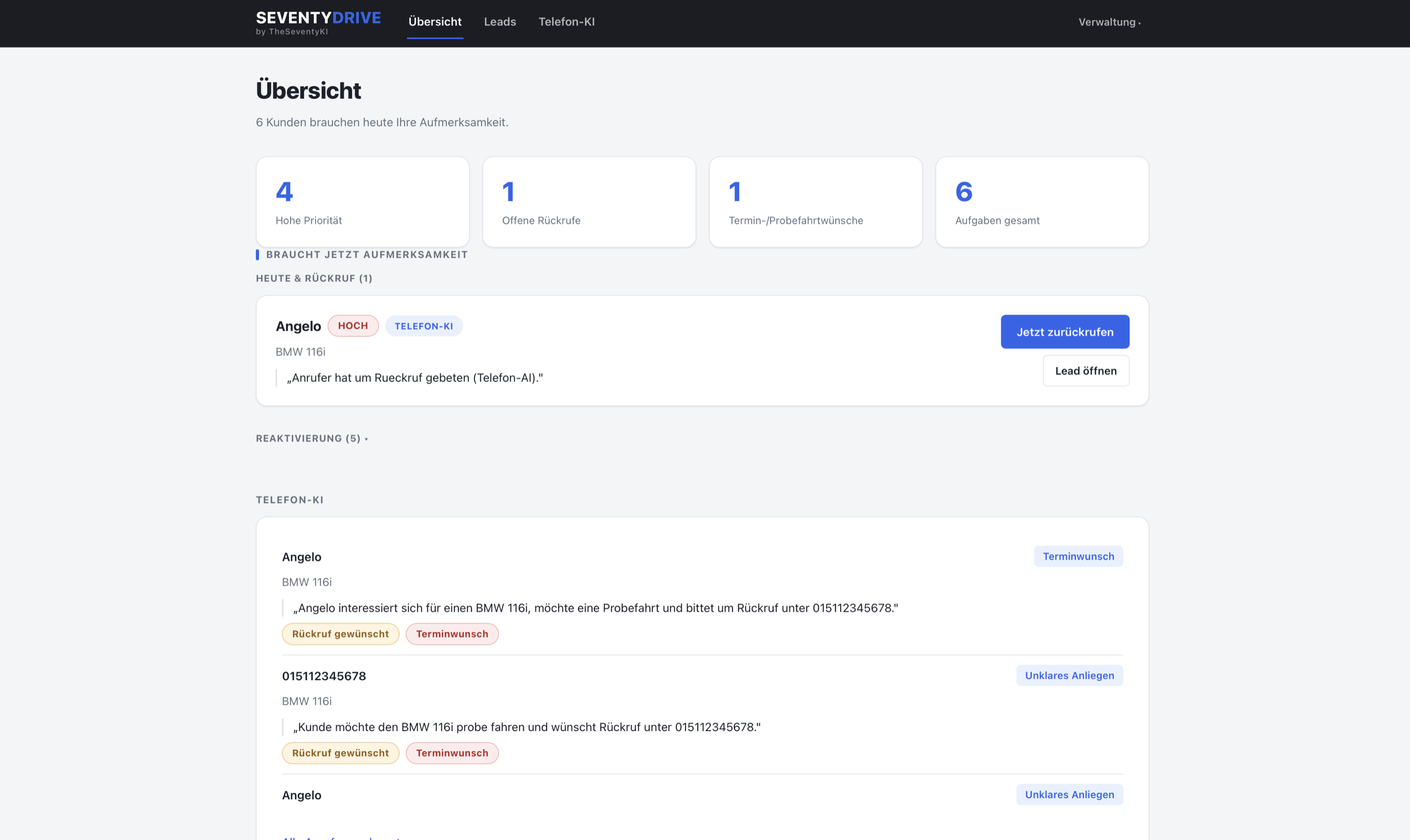 Screenshot der SeventyDrive-Übersicht: priorisierte Kundenliste mit Rückruf- und Terminwünschen auf einen Blick